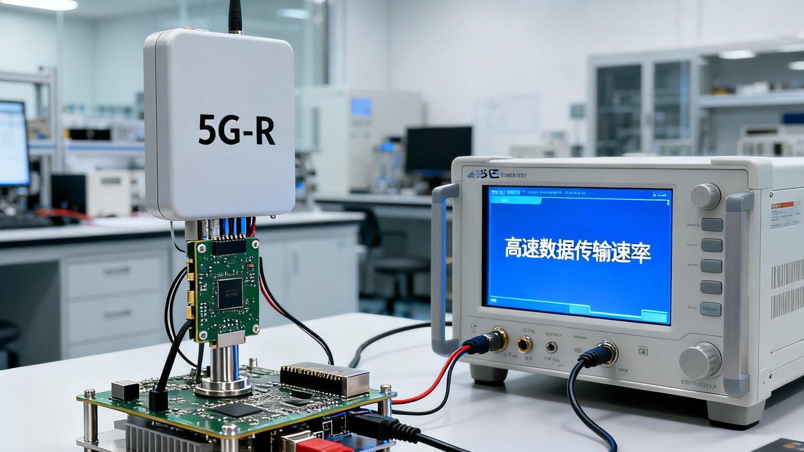 实验室环境中5G-R通信模块与沙巴平台联调测试，屏幕显示高速数据传输速率。
