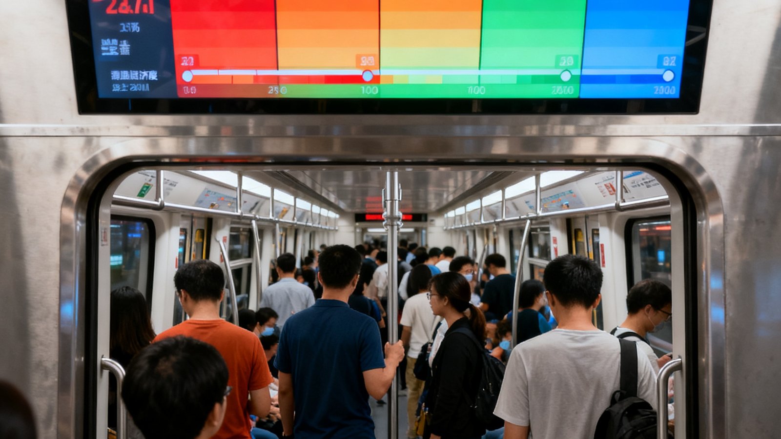 深圳地铁车厢内信息屏展示拥挤度热力图，乘客根据颜色选择较空的车厢。