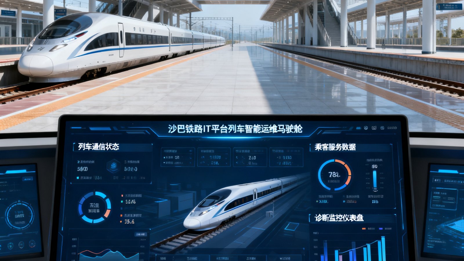 沙巴铁路IT平台的列车智能运维驾驶舱界面，大屏上实时显示列车通信状态、乘客服务数据和诊断监控仪表盘，背景为现代化高铁站台。
