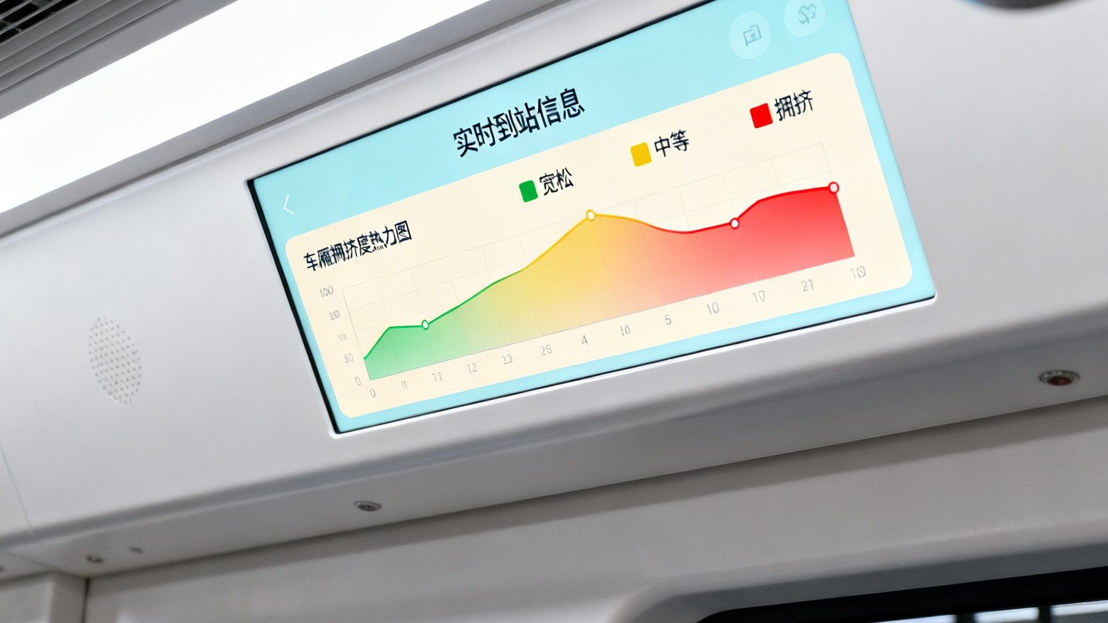 乘客服务模块界面展示，车厢内信息屏显示实时到站信息和车厢拥挤度热力图，配色柔和清晰。