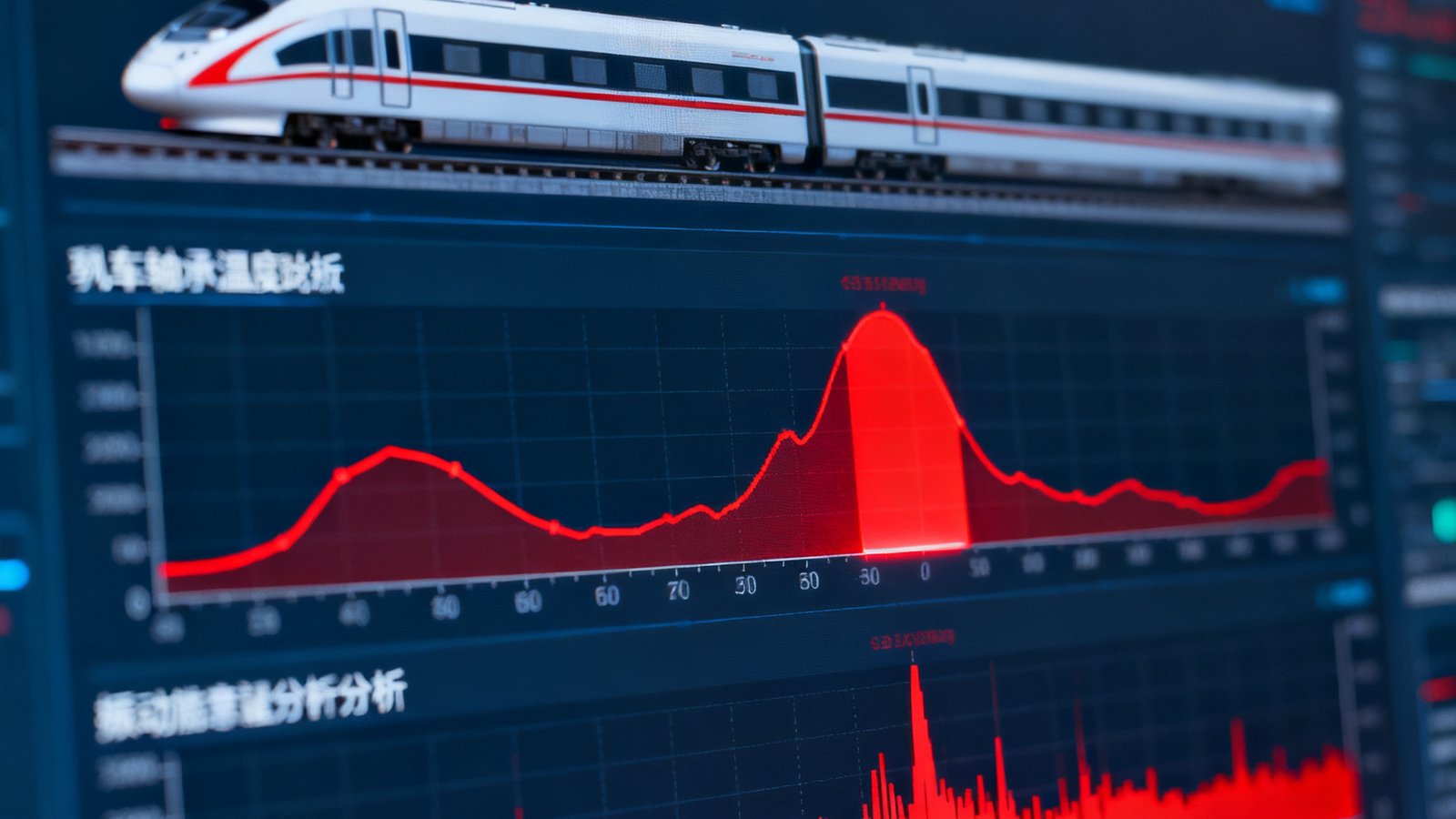 诊断监控仪表盘截图，显示列车轴承温度曲线和振动频谱分析图，异常区间用红色高亮标注。
